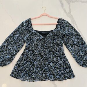 Boohoo Blue Floral Milkmaid Top Square Neck Balloon Sleeves | Size 6